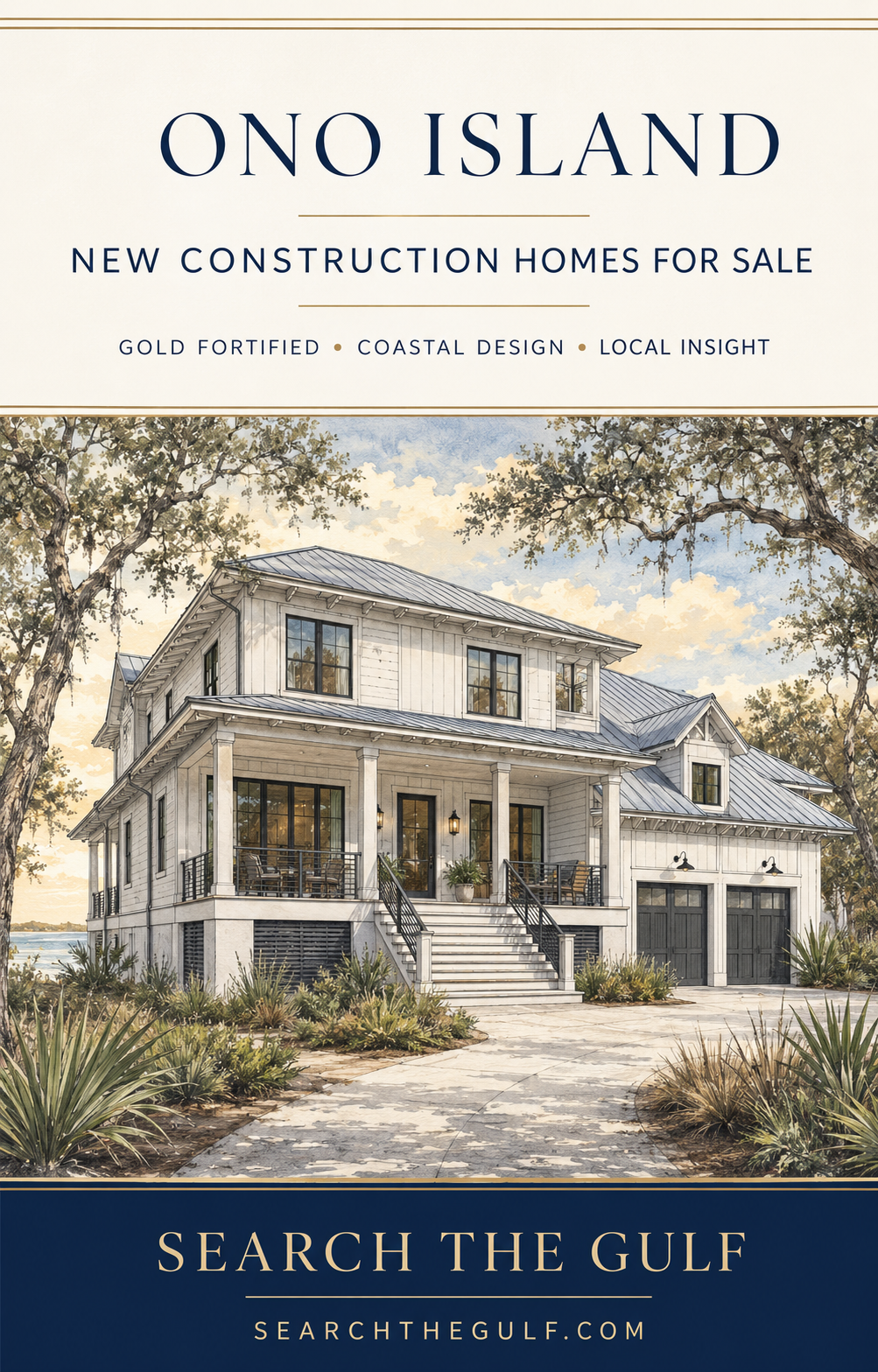 Architectural watercolor sketch of a newly built coastal home representing Ono Island new construction homes for sale.